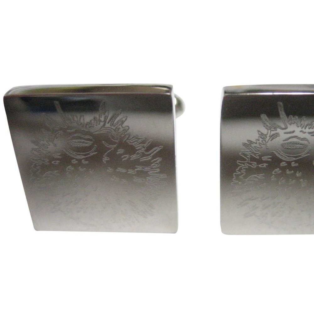 Silver Toned Square Etched Spikey Puffer Fish Fugu Blowfish Cufflinks